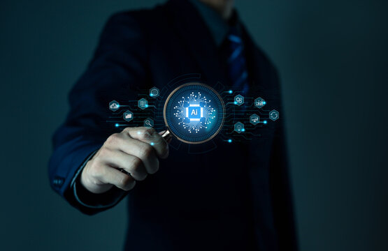 Businessman holding digital globe with AI technology icons, representing artificial intelligence, innovation, data analytics, and future business transformation in the modern digital world.