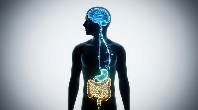 Diagram of gut brain axis communication featuring a glowing spinal nerve and digestive system.