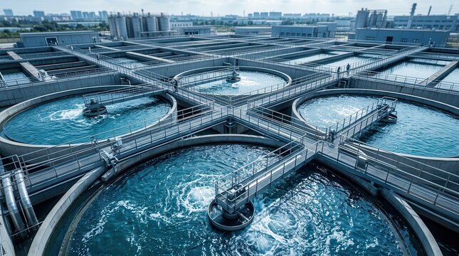 Advanced water filtration and purification systems at a modern urban wastewater treatment plant.