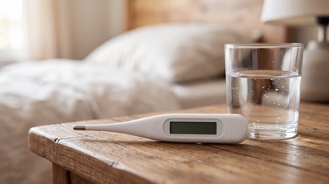 A digital thermometer resting on a wooden bedside table next to a clear glass of water with ad social media download thambnail poster web template event festival 2026 2027 2028