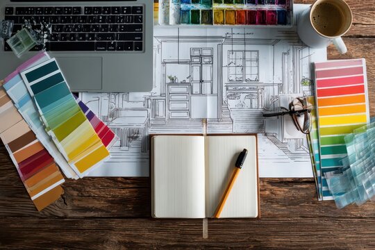 Interior design project with blueprints color swatches laptop and coffee on a wooden table during daylight