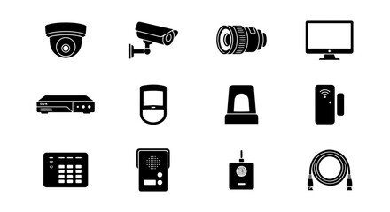 Fototapeta premium Security System Icons: Surveillance Cameras, Monitor, DVR, Alarm, Intercom, Cable