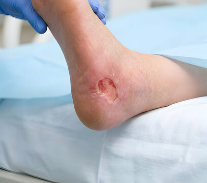 An open pressure ulcer on the side of a patient's heel