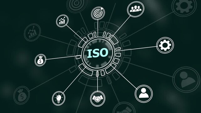 Animated iso certification standards infographic with interconnected business and digital network nodes for corporate management, compliance, strategy, and operational excellence
