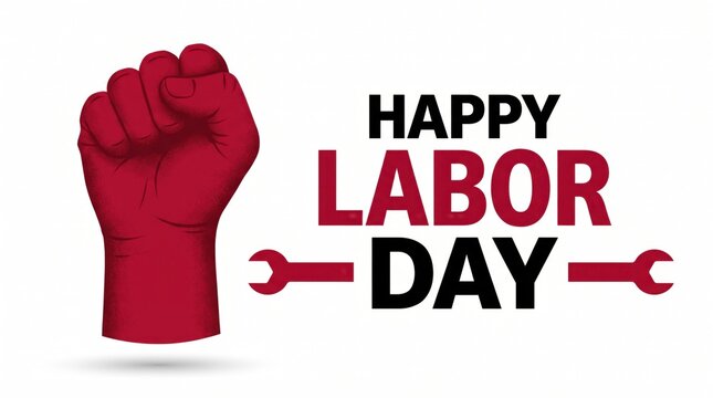A festive graphic design celebrating labor day featuring a raised fist and industrial tools on white background