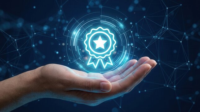Achievement and recognition in business symbolized by a digital award icon held by a hand.