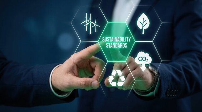 Business professional touching digital ISO 14001 standard for environmental management.