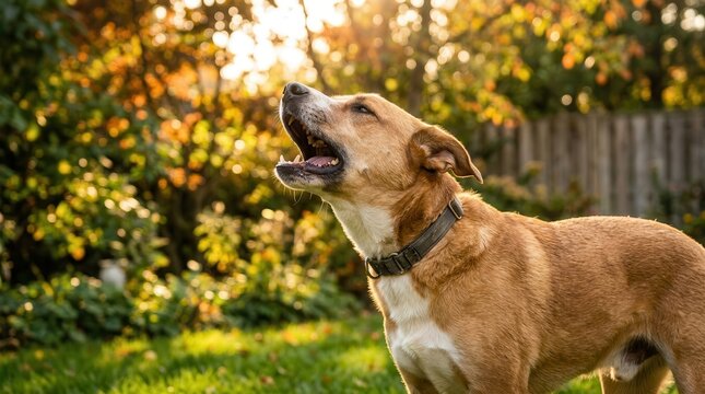 A brown dog barking loudly in a backyard setting