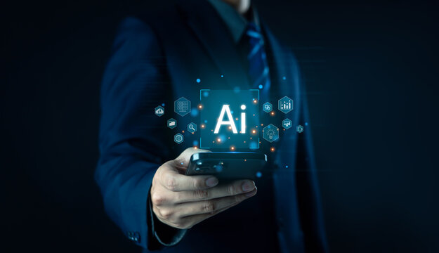 Businessman holding digital globe with AI technology icons, representing artificial intelligence, innovation, data analytics, and future business transformation in the modern digital world.