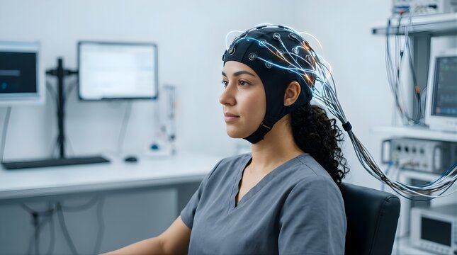 Young woman undergoing an eeg brain scan test in a clinical laboratory