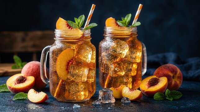 Iced apricot tea served in mason jars with peach slices and mint leaves.