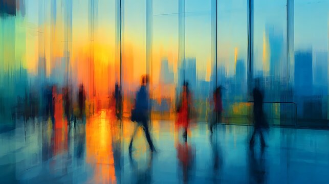 Abstract motion blur of people walking in a modern office building lobby at sunset