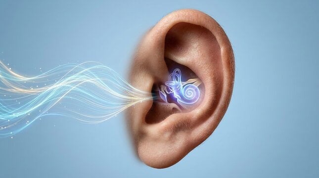 Ear anatomy displays a glowing spiral cochlear structure inside a human pinna to demonstrate the complex science of hearing and sound wave reception through the auditory system in a clinical study.