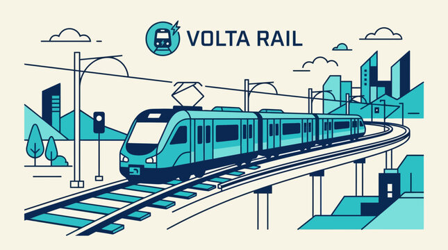 Modern Electric Commuter Train Illustration on Elevated Tracks with City Skyline for Volta Rail