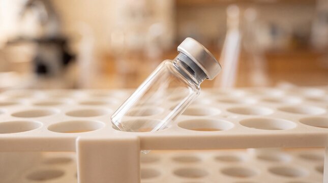 A single empty glass medical vial with a silver cap sitting in a white plastic laboratory ad social media download thambnail poster web template event festival 2026 2027 2028