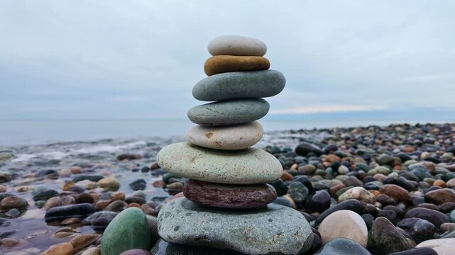 Balanced stack of colorful smooth stones stands on pebble beach with calm sea behind.