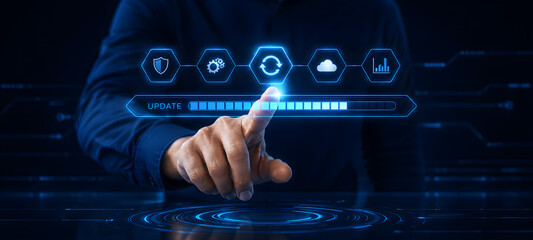 Fototapeta premium Hand touching glowing update button on digital progress bar interface with cloud and security icons 