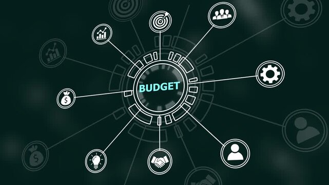 Dynamic digital infographic animation featuring a central budget concept surrounded by interconnected business financial growth symbols, and corporate strategy on a dark tech background