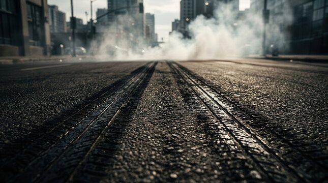 Black burnt rubber skid marks from a fast car on a city street.