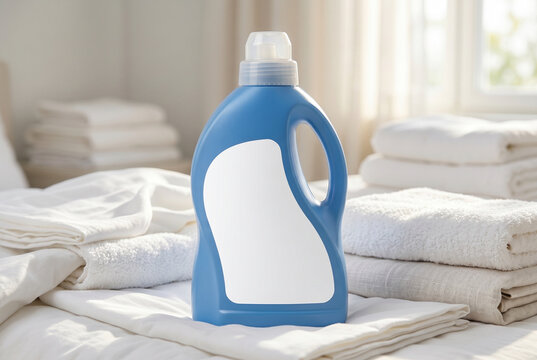 Blue detergent bottle on folded towels in bright laundry setting for label mockup and laundry product display background
