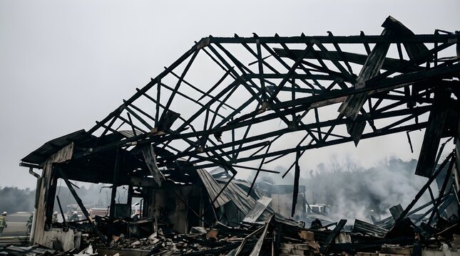 Blackened Skeletal Framework of Collapsed Structure After Fire with Smoke
