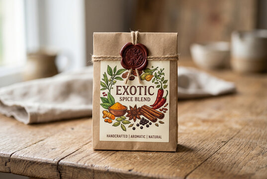 Exotic spice blend kraft package with wax seal on rustic wooden table for culinary background and food label display