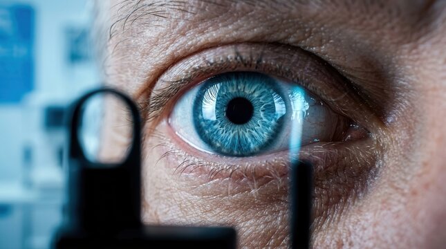 Detailed iris and cornea analysis of a blue eye for vision diagnostics in a clinical setting.