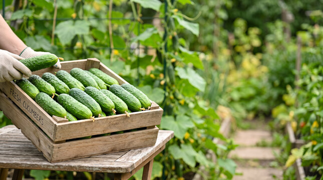 Harvested cucumbers neatly arranged in a wooden crate on a garden table for farm produce background and organic market banner design