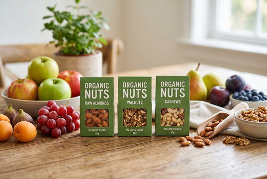 Organic nuts packaging trio with raw almonds walnuts and cashews on wooden table surrounded by fresh fruit for healthy food banner and background design