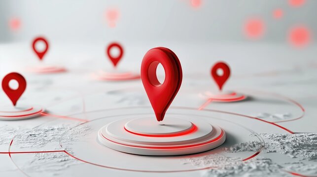 Multiple red 3 d location pin on a white textured map surface