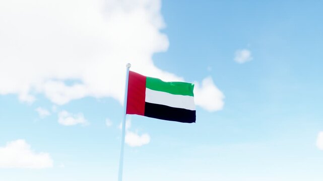 United Arab Emirates national flag waving in the sky, ideal for national identity, UAE culture, patriotism, government, and Middle East concepts.