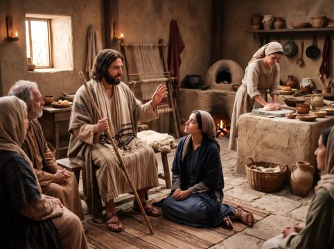 Jesus teaching Mary listening and Martha serving in home