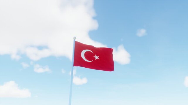 Turkish flag waving proudly against a clear blue sky with copy space.