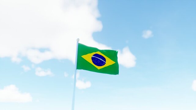 Brazil national flag waving in the sky, ideal for national identity, Brazilian culture, patriotism, travel, and South America concepts.