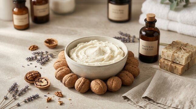 Organic shea butter cream and whole nuts with aromatherapy bath products.