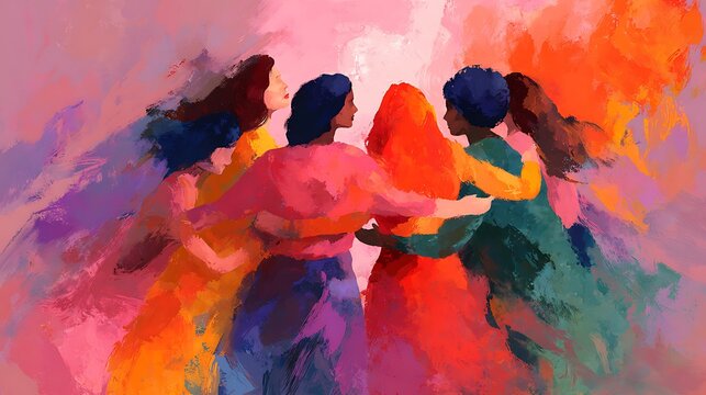 Impressionist oil painting of a diverse group of women standing in a circle and embracing in solidarity.