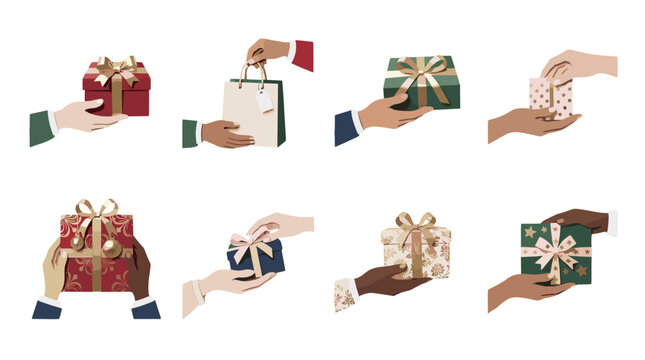 Collection of hands holding wrapped gifts with ribbons and bows for celebration