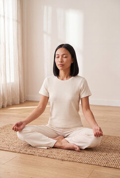 Woman meditating crosslegged on woven mat in bright minimal room for mindfulness and yoga practice background image for wellness poster and meditation banner