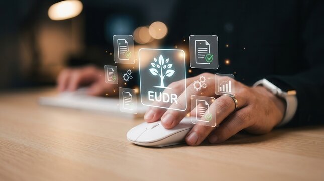 Digital verification and regulatory reporting represented by EUDR icons and a hand using a computer mouse.