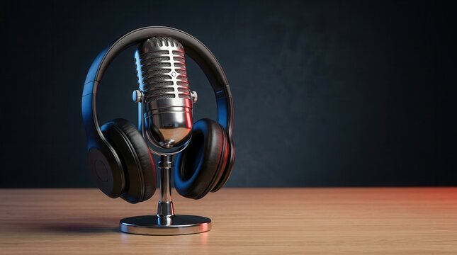 3D rendering of a vintage microphone with headphones on a wooden surface with copy space.