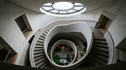 Fototapeta premium Modern Concrete Spiral Staircase Ascending to Circular Skylight with Indoor Garden Oasis Below