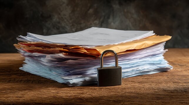 Stack of confidential paper documents secured with a padlock on a wooden table