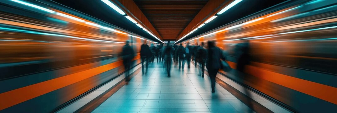 Symmetrical perspective of commuters in a motion-blurred subway station