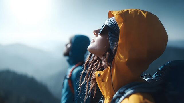 Couple experiences a serene hike in a cool climate, surrounded by nature's pastel hues, embracing eco-conscious travel in reflective moments.