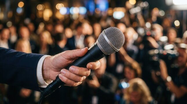 Close up of a hand holding a microphone for investigative reporting.