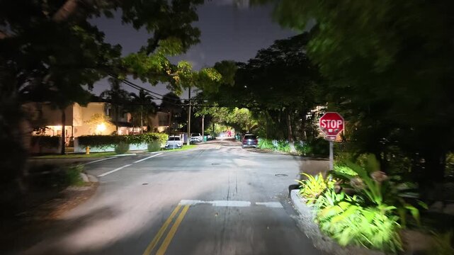 Night drive Coconut Grove Miami residential neighborhoods