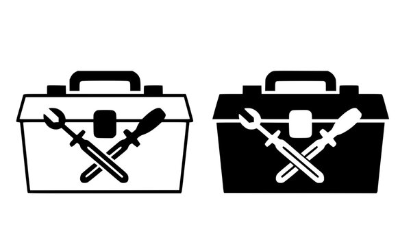 Toolbox with crossed wrench and screwdriver icon set featuring outline and solid filled black silhouette construction tool chest vector illustration.