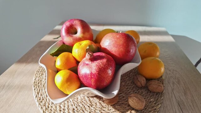 Colorful mix of apples mandarins pomegranate and walnuts arranged in white bowl on table.
