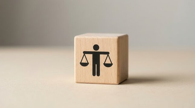 Business ethics concept represented by a wooden block with a scales of justice icon.