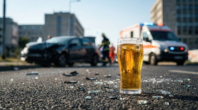Consequences of impaired driving shown with a beer glass and a crashed car in the street.